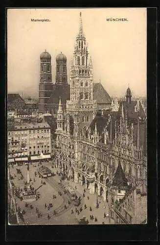 AK München, Marienplatz mit Kirche und Denkmal