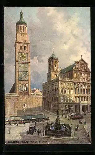 Künstler-AK Augsburg, Perlachturm mit Rathaus