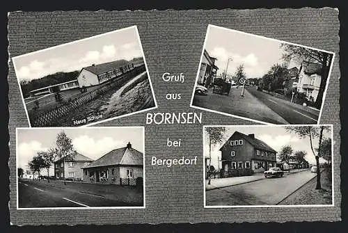 AK Börnsen bei Bergedorf, Neue Schule, Pension und Strassenpartie