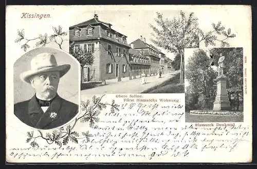AK Bad Kissingen, Bismarck-Denkmal, Obere Saline mit Bismarcks Wohnung, Porträt Fürst Bismarck