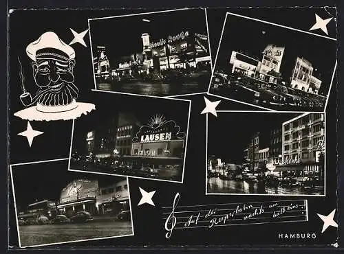AK Hamburg-St. Pauli, Reeperbahn, Teilansichten bei Nacht, Moulin Rouge, Kaffeehaus Lausen