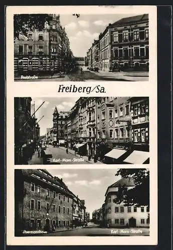 AK Freiberg i. Sa., Poststrasse, Karl-Marx-Strasse, Silbermannhaus