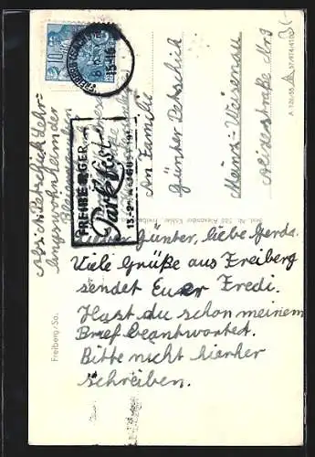 AK Freiberg i. Sa., Poststrasse, Karl-Marx-Strasse, Silbermannhaus