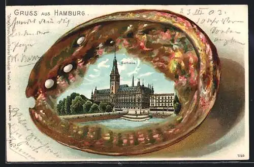 Passepartout-Lithographie Hamburg, Rathaus in einer Muschel