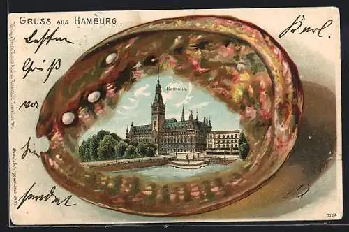 Passepartout-Lithographie Hamburg, Rathaus in einer Muschel