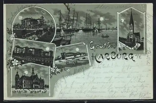 Mondschein-Lithographie Hamburg-Harburg, Schützenpark, Pionierkaserne, Evangelische Kirche