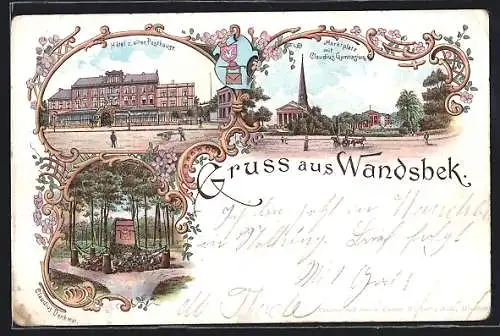 Lithographie Hamburg-Wandsbek, Hotel zur alten Post, Claudius Denkmal, Marktplatz mit Claudius Gymnasium