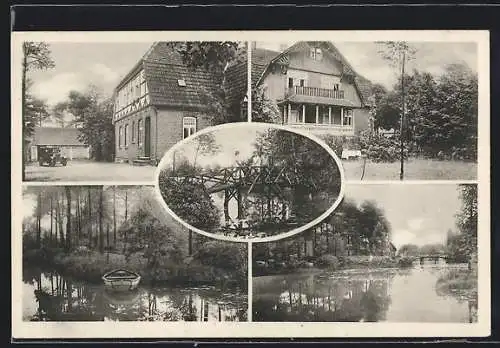 AK Oldendorf /Kreis Celle, Pensions- u. Gasthaus Rudolf Brammer, Brücke, Uferpartie
