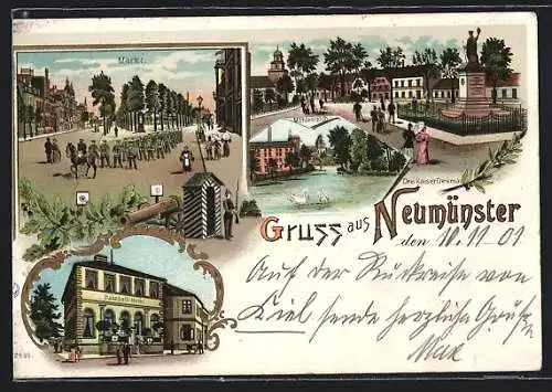 Lithographie Neumünster, Bahnhofs-Hotel, Mühlenteich, Drei Kaiser-Denkmal
