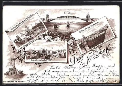 Lithographie Kiel, Schleuse bei Holtenau, Brunsbüttelhafen, Leuchtturm bei Holtenau