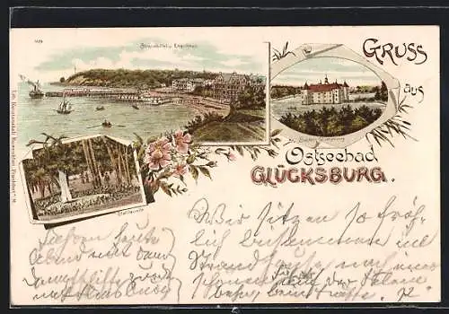 Lithographie Glücksburg, Ostseebad, Strandhotel und Lorgierhaus, Schloss Glücksburg, Stahlquelle