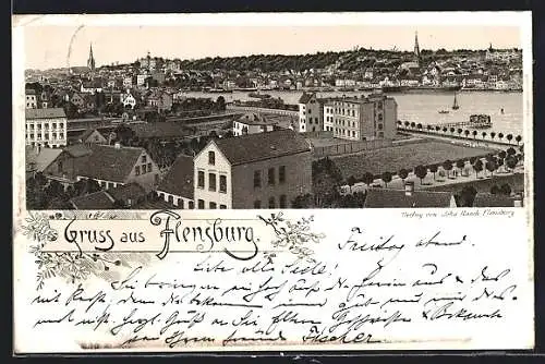 Lithographie Flensburg, Ortsansicht mit Kirchen und Wasser