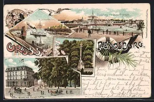 Lithographie Rendsburg, Hotel Green mit Jungfernstieg, Lornsen-Denkmal, Drehbrücke