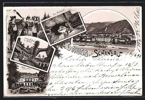 Lithographie Bad Schandau, Kuhstall, Prebischtor mit Hotel, Ortsansicht