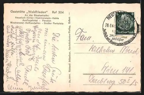 AK Neustadt /Orla, Gaststätte Waldfrieden an der Staatsstrasse Neustadt-Hummelshain-Kahla