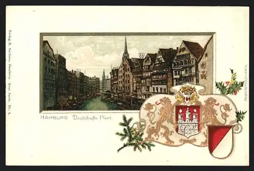 Passepartout-Lithographie Alt-Hamburg, Deichstrasse Fleet, Boote, Wappen mit goldenen Löwen