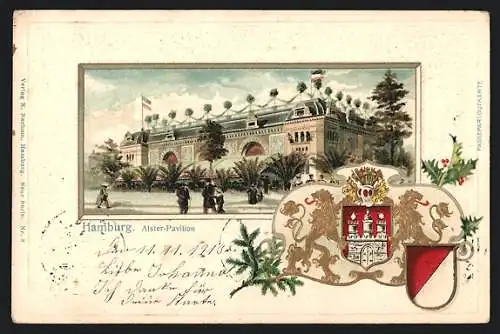Passepartout-Lithographie Hamburg-Neustadt, Alster-Pavillon, Wappen