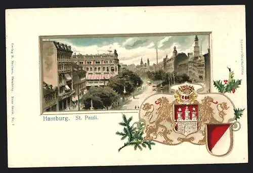 Passepartout-Lithographie Hamburg-St. Pauli, Teilansicht mit Strasse aus der Vogelschau, Wappen