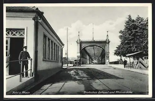 AK Kehl, deutsches Zollamt mit Grenze an der Rheinbrücke