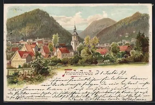 Lithographie Friedrichroda, Ortsansicht mit Kirche, Halbmond