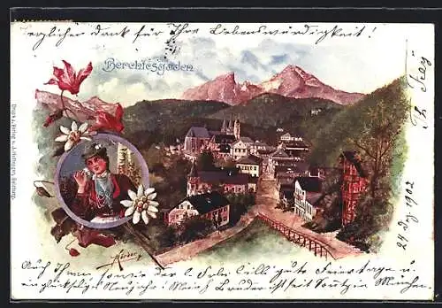 Lithographie Berchtesgaden, Panoramaansicht