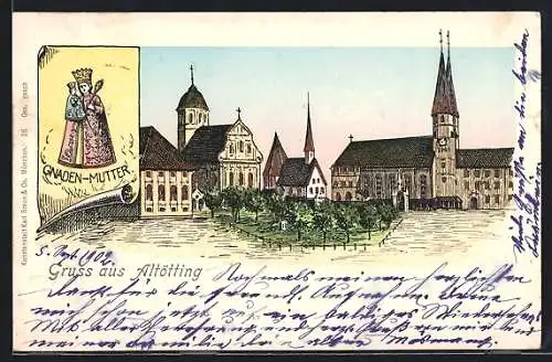 Goldfenster-AK Altötting, Kirche mit leuchtenden Fenstern, Gnaden-Mutter