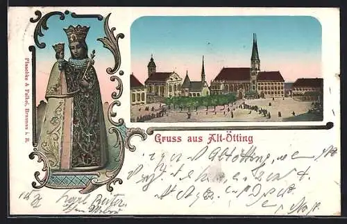 Goldfenster-AK Altötting, Kirche mit leuchtenden Fenstern, Gnadenbild