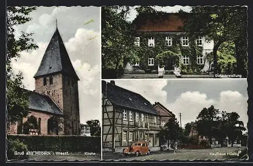 AK Hilbeck i. Westf., Kaufhaus Hüsing, Kirche, Gutsverwaltung