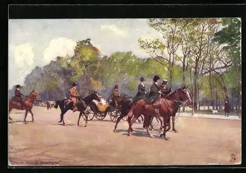 Künstler-AK Raphael Tuck & Sons Nr. 84: Bois de Boulogne, Reiter und Pferdewagen auf der Strasse