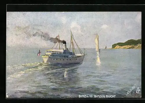 Künstler-AK Binz /Rügen, Dampfer und Segelboot in der Binzer Bucht
