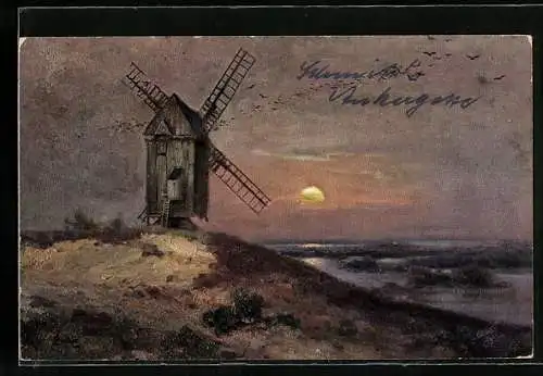 Künstler-AK Wenn der Tag sich neigt!, Windmühle im Sonnenuntergang