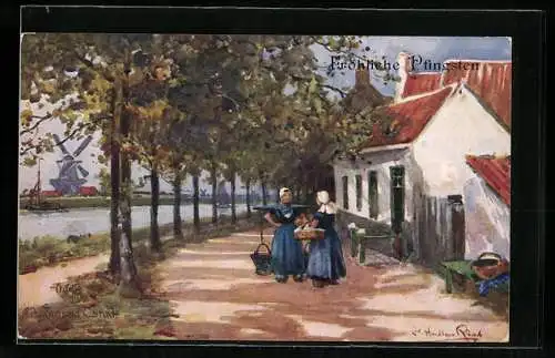 Künstler-AK Raphael Tuck & Sons Nr. 9686: Holland, Uferpartie mit Windmühle und zwei Frauen, Pfingstgruss