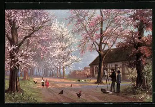 Künstler-AK Maler malt die Baumblüte