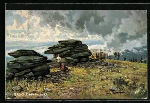 Künstler-AK Brocken, Wanderer am Gestein