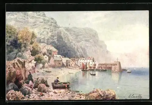 AK Clovelly, Teilansicht mit Pier, Uferpartie und Felsen, Ruderboot