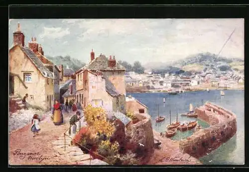 Künstler-AK Raphael Tuck & Sons Nr. 7070: Newlyn, Ortsansicht mit Strasse und Hafen