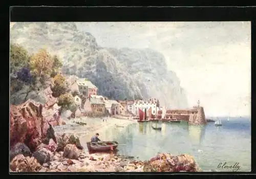 AK Clovelly, Teilansicht mit Pier, Uferpartie und Felsen, Ruderboot