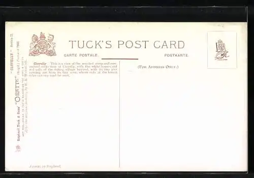 AK Clovelly, Teilansicht mit Pier, Uferpartie und Felsen, Ruderboot