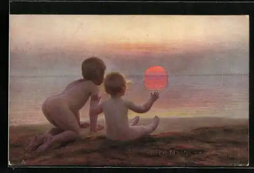 Künstler-AK Raphael Tuck & Sons Nr.952: Kinder am Strand bei Sonnenuntergang