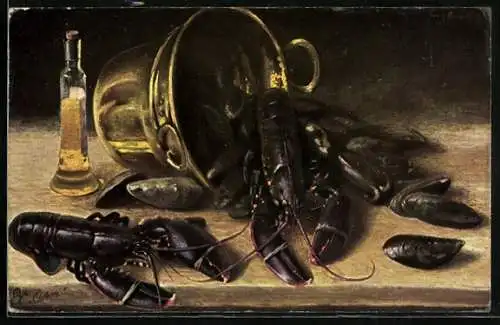 Künstler-AK Raphael Tuck & Sons Nr. 573 B: Stillleben, Umgekippter Kübel mit Hummern