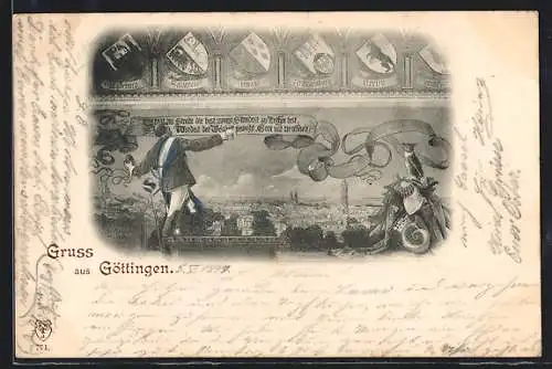 Lithographie Göttingen, Teilansicht und Student mit Bierkrug