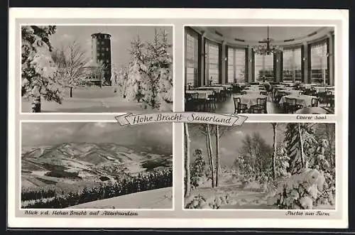AK Kirchhundem /Sauerland, Restaurant Aussichtsturm Hohe Bracht, Inneres Oberer Saal und Partie am Turm im Schnee