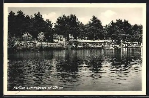AK Gifhorn, Pavillon Zum Heidesee vom See aus gesehen, Bes. J. Setter