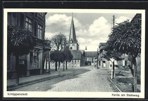 AK Schöppenstedt, Strasse Steinweg mit Geschäft und Kirche