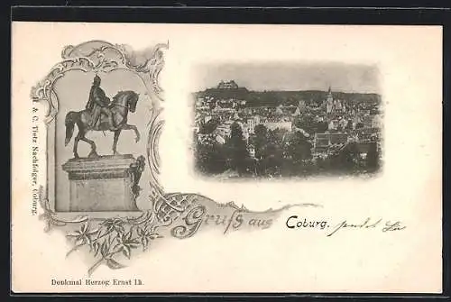 AK Coburg, Teilansicht mit Kirhce, Denkmal Herzog Ernst II.