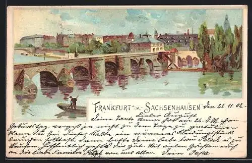 Lithographie Frankfurt a. Main-Sachsenhausen, Uferpartie mit Brücke und Boot