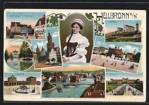 AK Heilbronn a. N., Das Kätchen von Heilbronn, Bahnhof, Kaserne