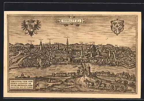 Künstler-AK Görlitz, Teilansicht mit Kirchen 1565