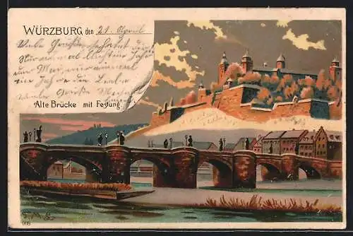 Lithographie Würzburg, Alte Brücke und Festung