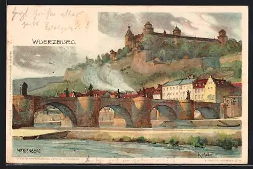 Künstler-AK Würzburg, Marienberg mit Brücke